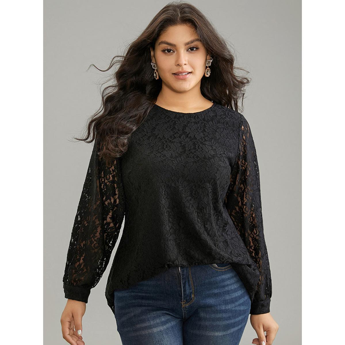 Plus Size Black Solid Crochet Lace Mesh Crew Neck Blouse Women Cocktail Long Sleeve Round Neck Party Blouses BloomChic 12/L Product Image