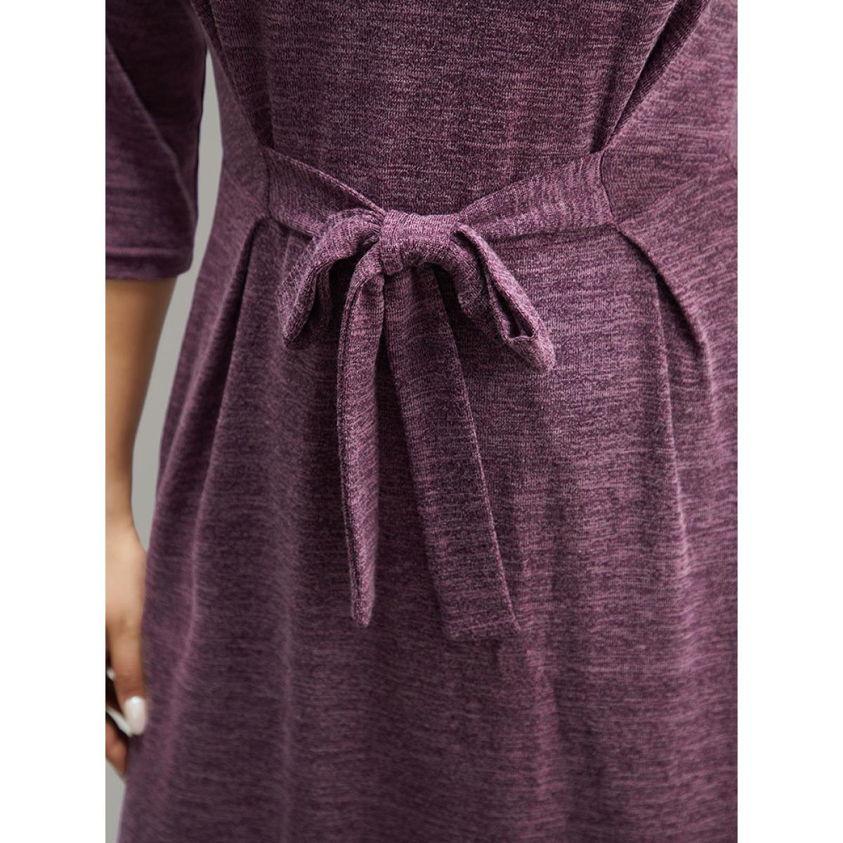 Plus Size Solid Heather Ties Pocket Dress RedViolet Women Casual Plain Round Neck Elbow-length sleeve Curvy Midi Dress BloomChic 26/4X Product Image
