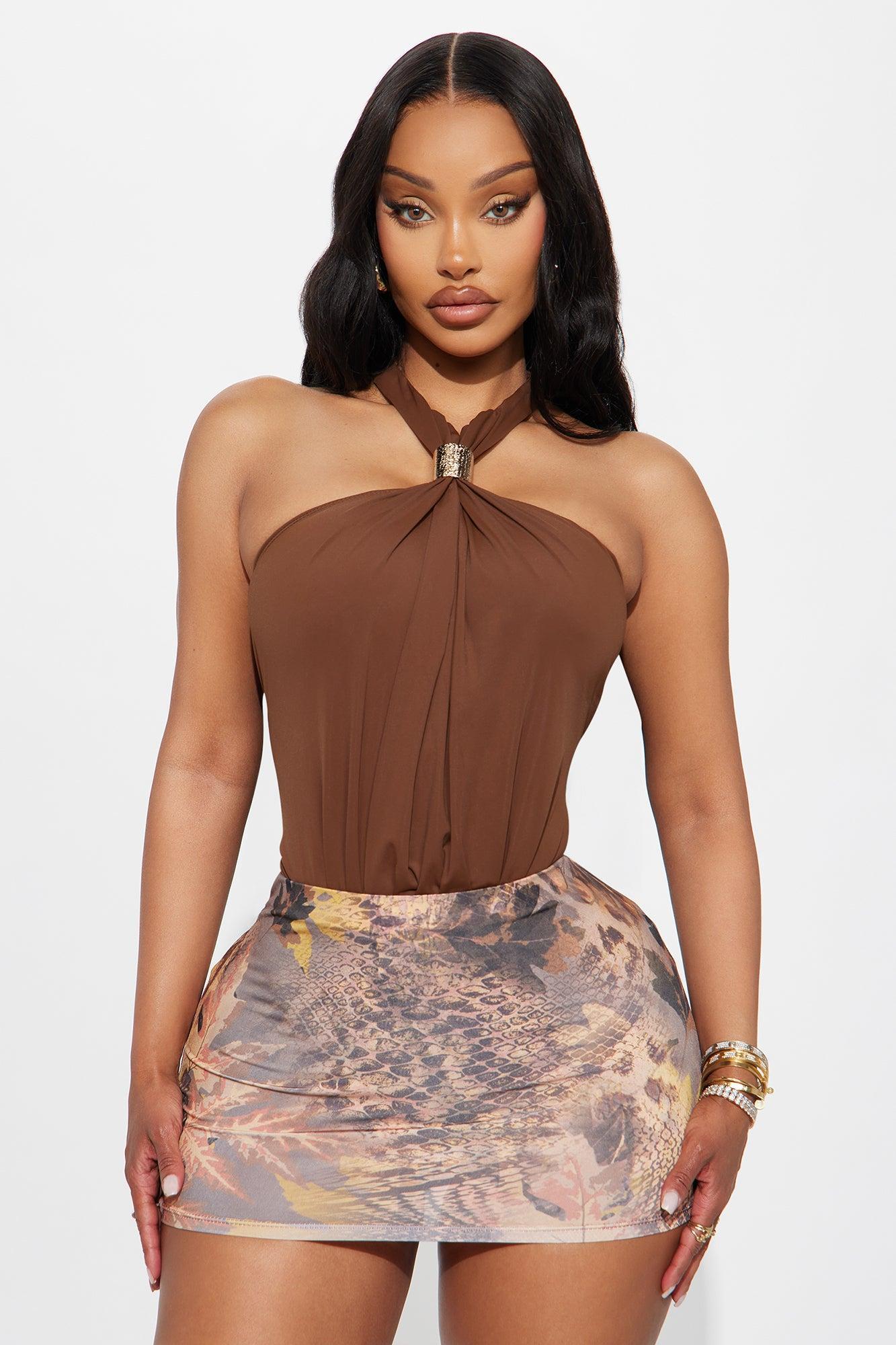 Beverly Y-Neck Ruched Bodysuit - Chocolate Product Image