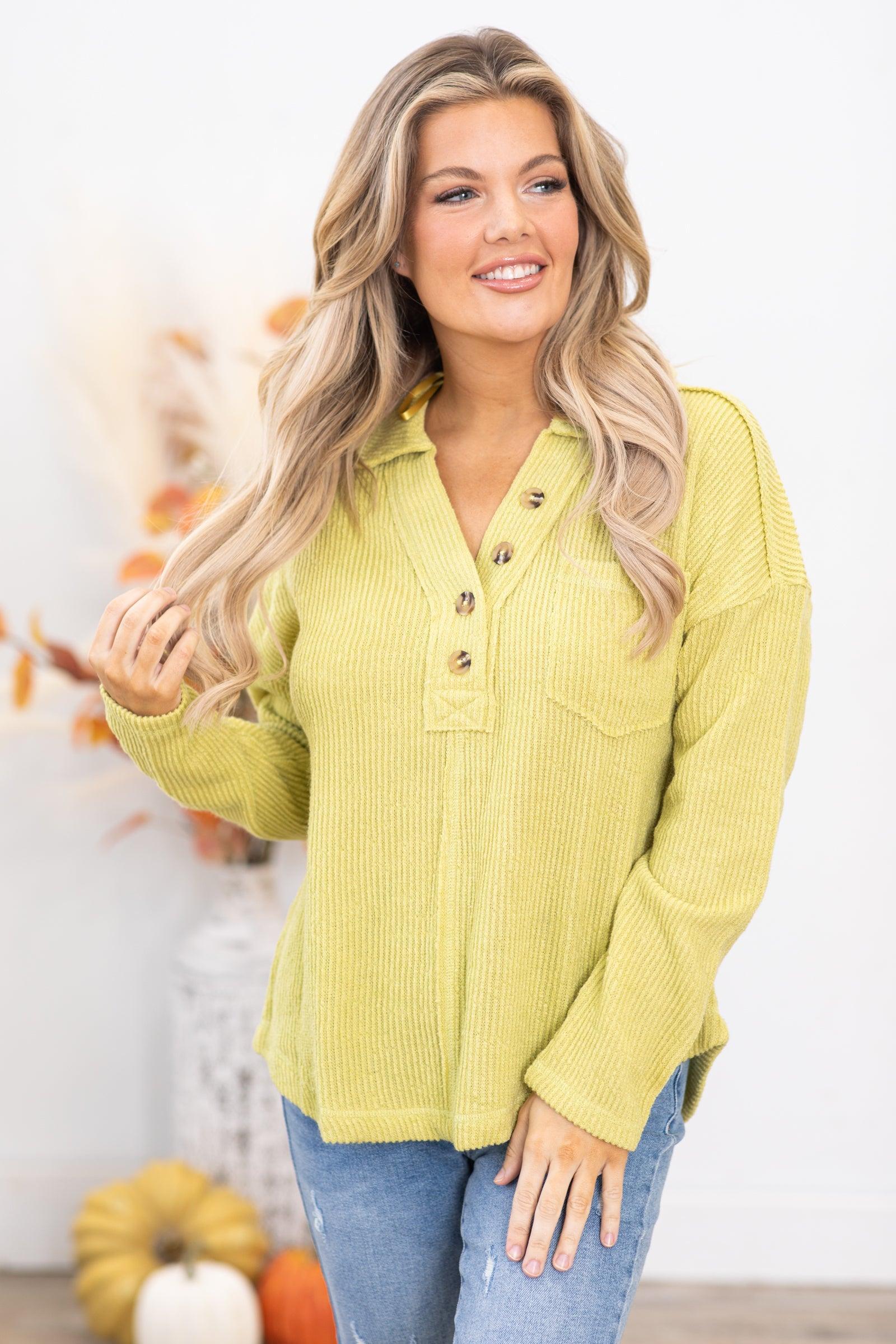 Light Olive Rib Knit Top With Collar Product Image