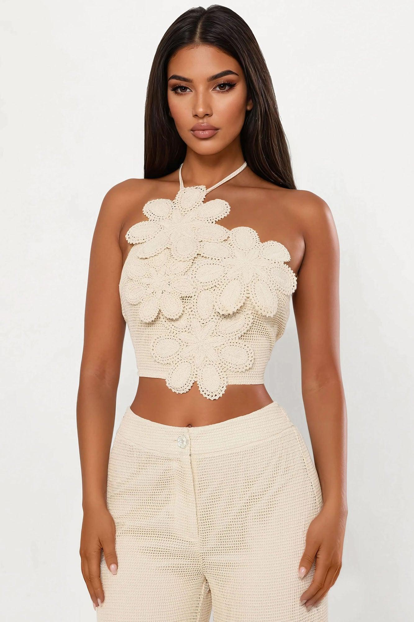 Maya 3D Flower Crochet Pant Set - Cream Product Image