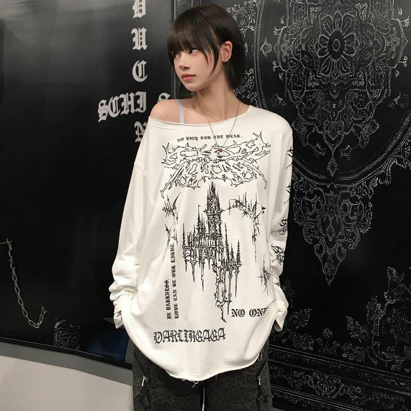 Long Sleeve Drop Shoulder Printed Oversized T-Shirt Product Image