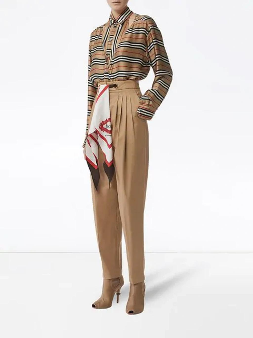 BURBERRY Silk-trimmed Pleated Cotton-twill Tapered Pants In Light Brown Product Image