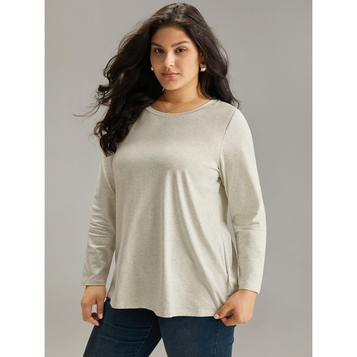 Plus Size Cotton Heather Long Sleeve T-shirt LightGray Women Casual Plain Plain Round Neck Dailywear T-shirts BloomChic 12/L Product Image