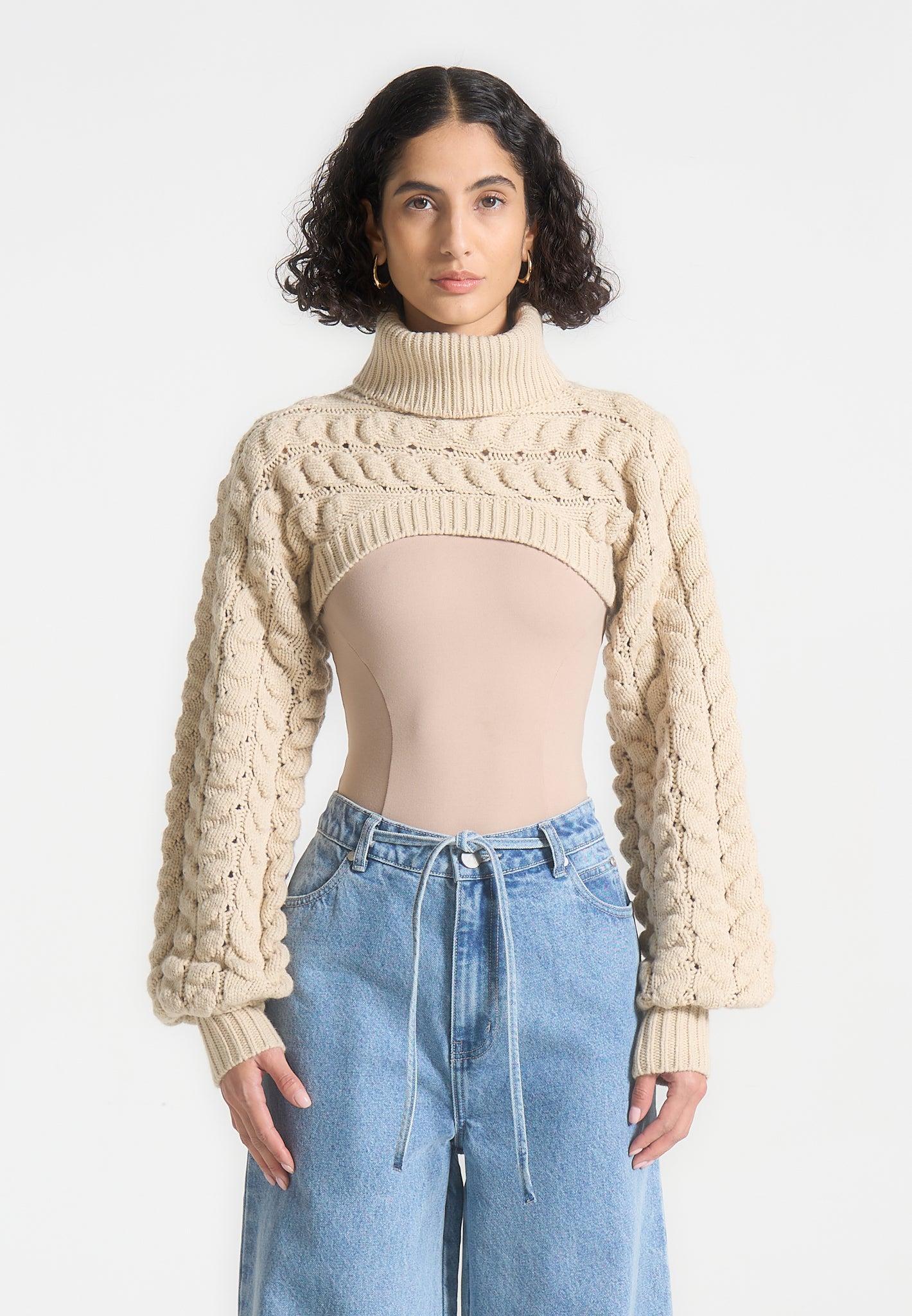 Turtleneck Cable Knit Arm Warmers - Beige Female Product Image