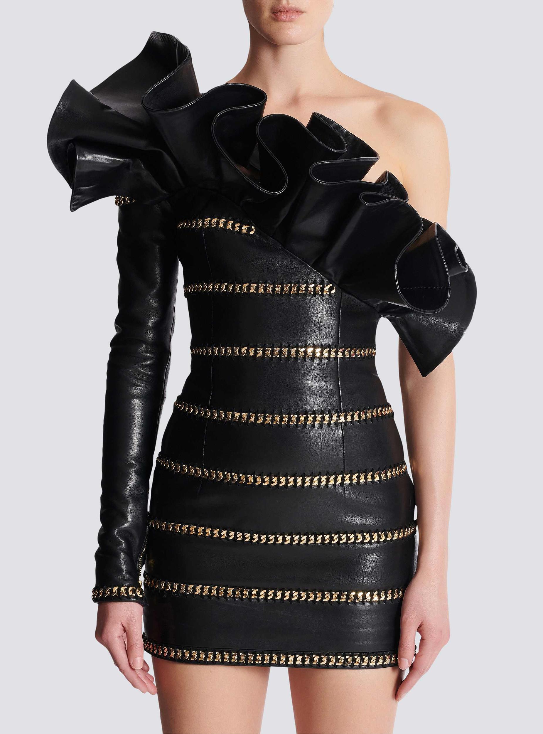 Asymmetric leather bodycon dress with chains Product Image