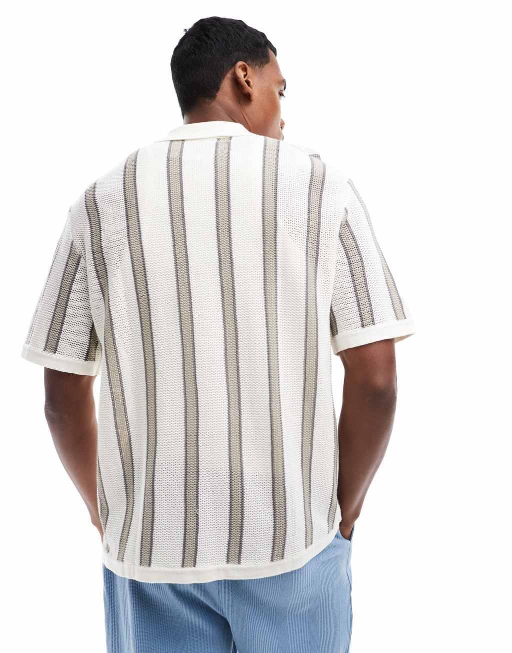 Bershka crochet striped shirt in white Product Image