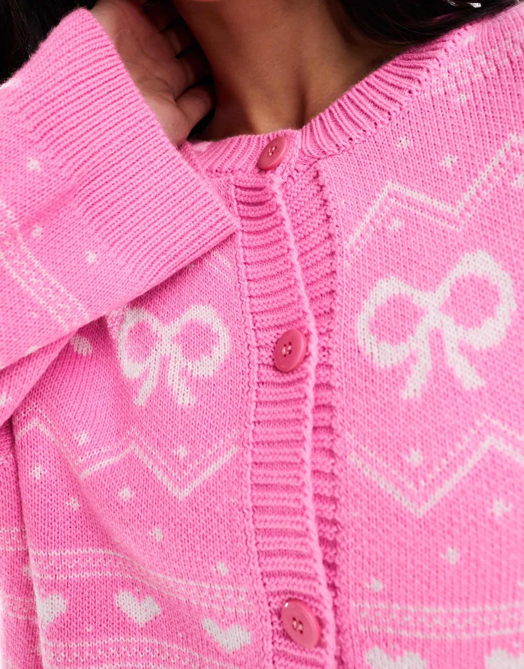 Miss Selfridge heart bow cardigan in pink Product Image