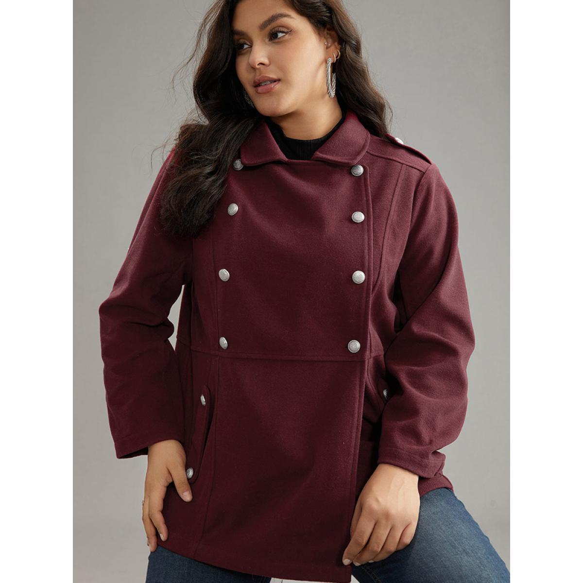Plus Size Solid Button Detail Pocket Lapel Collar Coat Women Scarlet Casual Plain Ladies Dailywear Winter Coats BloomChic 30/6X Product Image