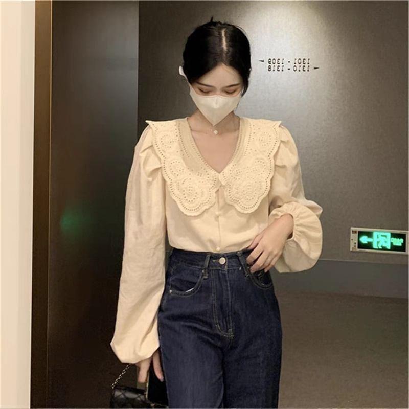 Long-Sleeve Eyelet Lace Collar Plain Blouse Product Image