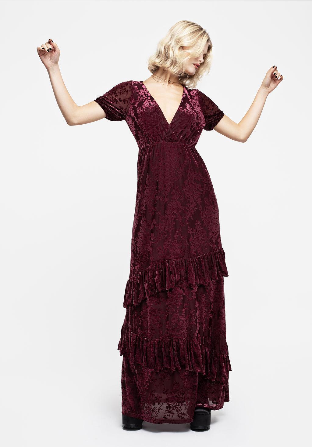 Monotropa Floral Flocked Velour Frill Midaxi Dress Product Image