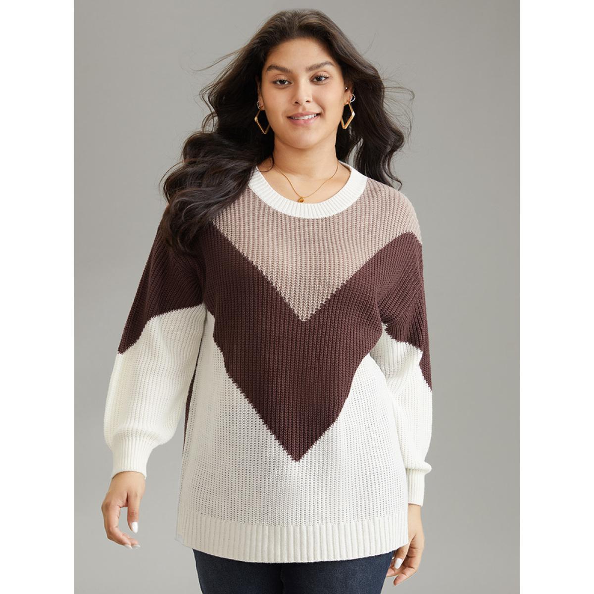 Plus Size Colorblock Lantern Sleeve Drop Shoulder Loose Pullover Multicolor Women Casual Loose Long Sleeve Round Neck Dailywear Pullovers BloomChic 26/4X Product Image