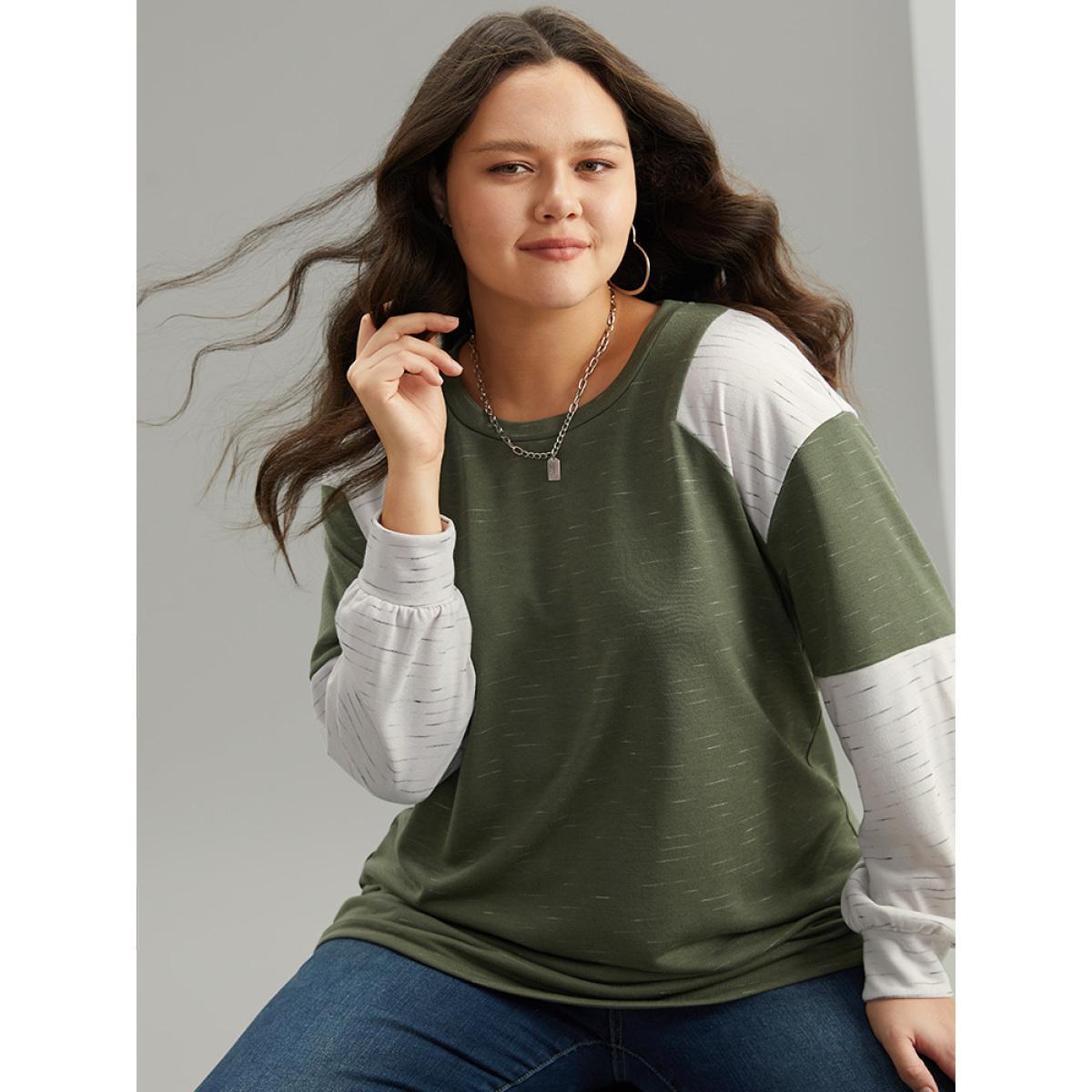 Plus Size Colorblock Patchwork Raglan Sleeve Sweatshirt Women ArmyGreen Casual Contrast Round Neck Everyday Sweatshirts BloomChic 10/M Product Image