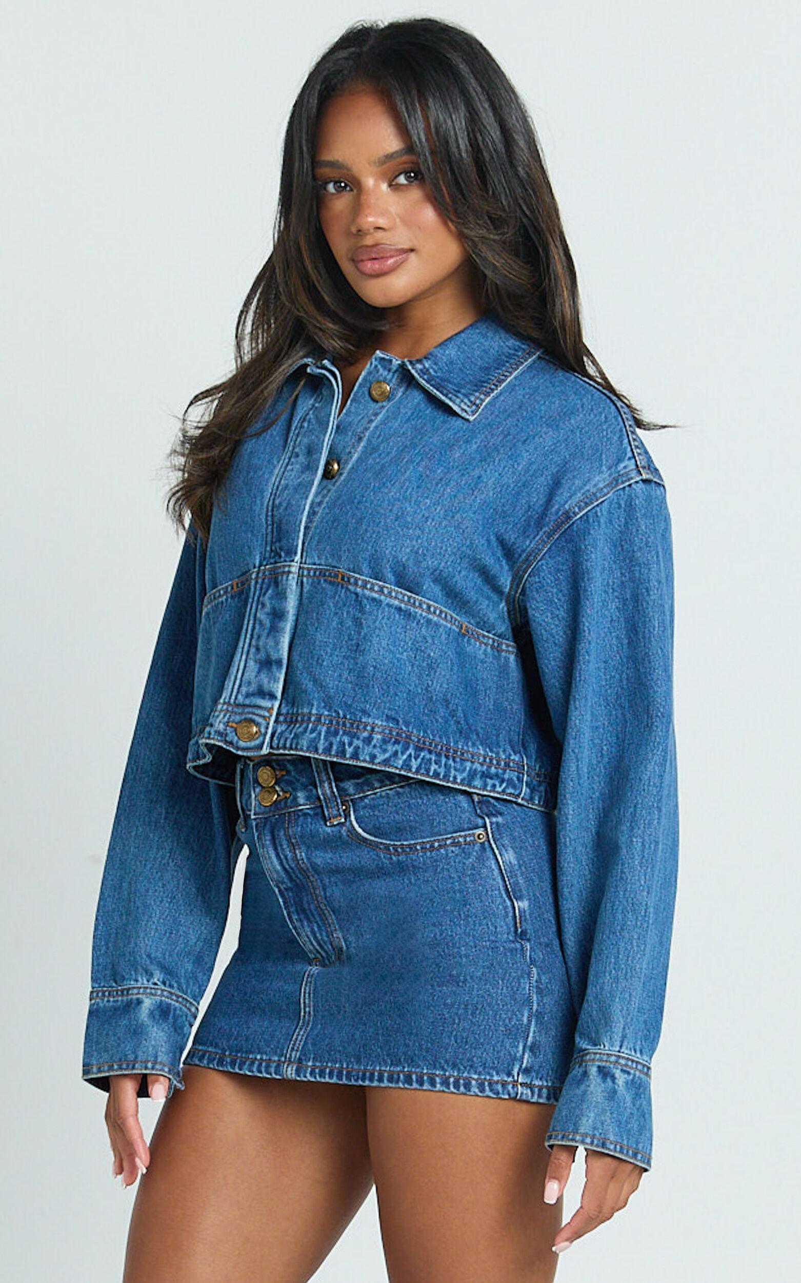 Pamela Mini Skirt - Low Rise Double Button Recycled Denim Skirt in Dark Blue Wash Product Image