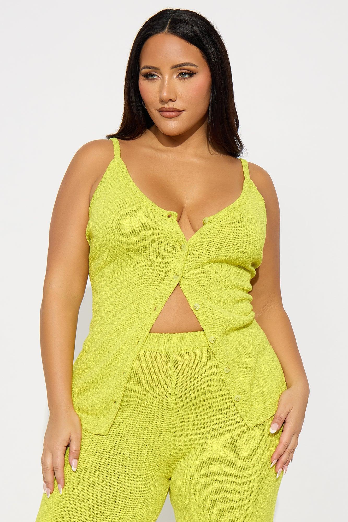 Bella Button Front Knit Pant Set - Chartreuse Product Image