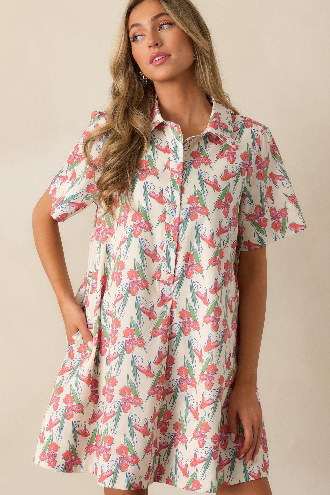Oasis Of Calm Cotton Orange Floral Mini Dress Product Image
