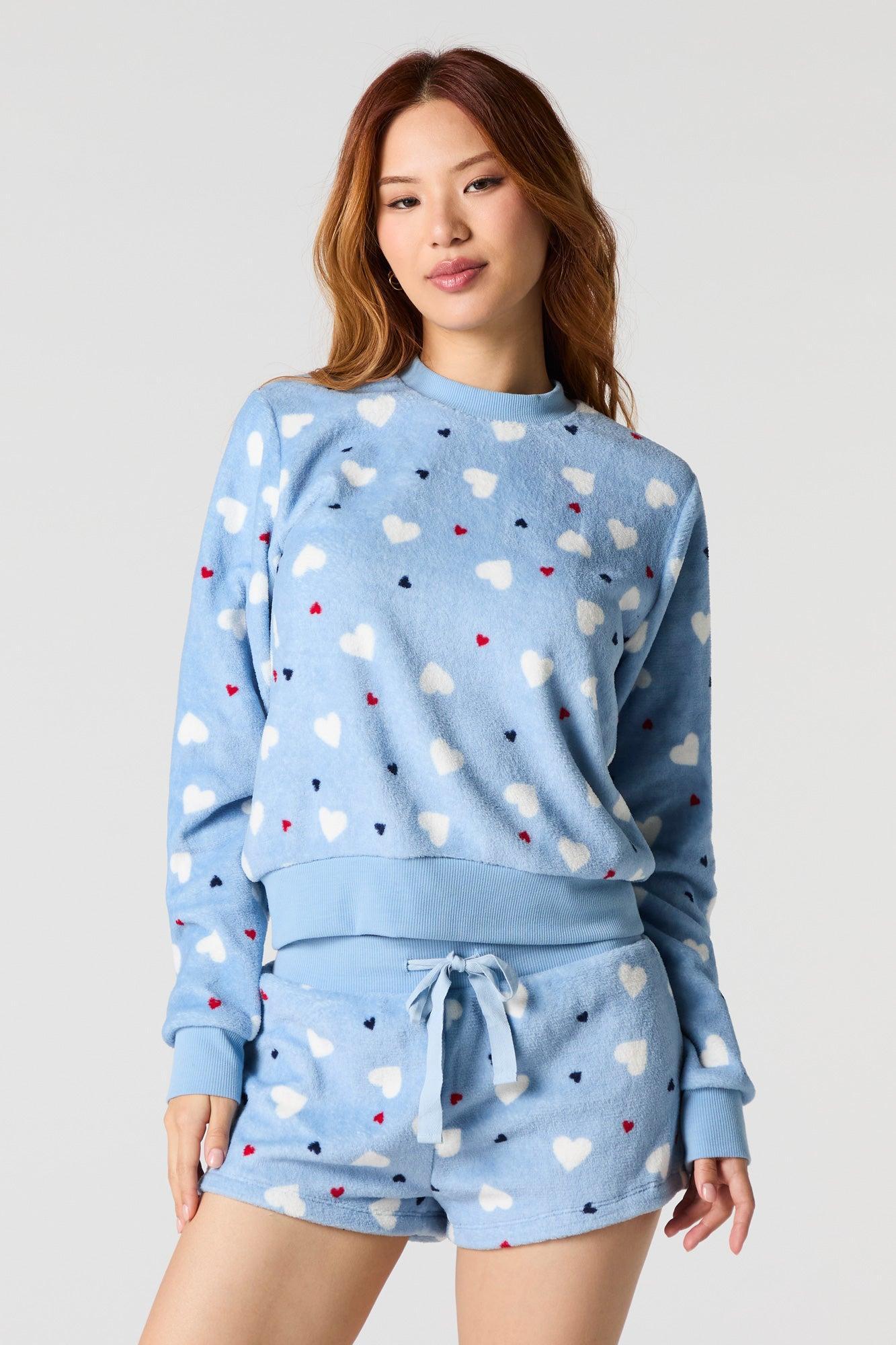 Printed Plush Long Sleeve & Short 2 Piece Pajama Set Female Product Image