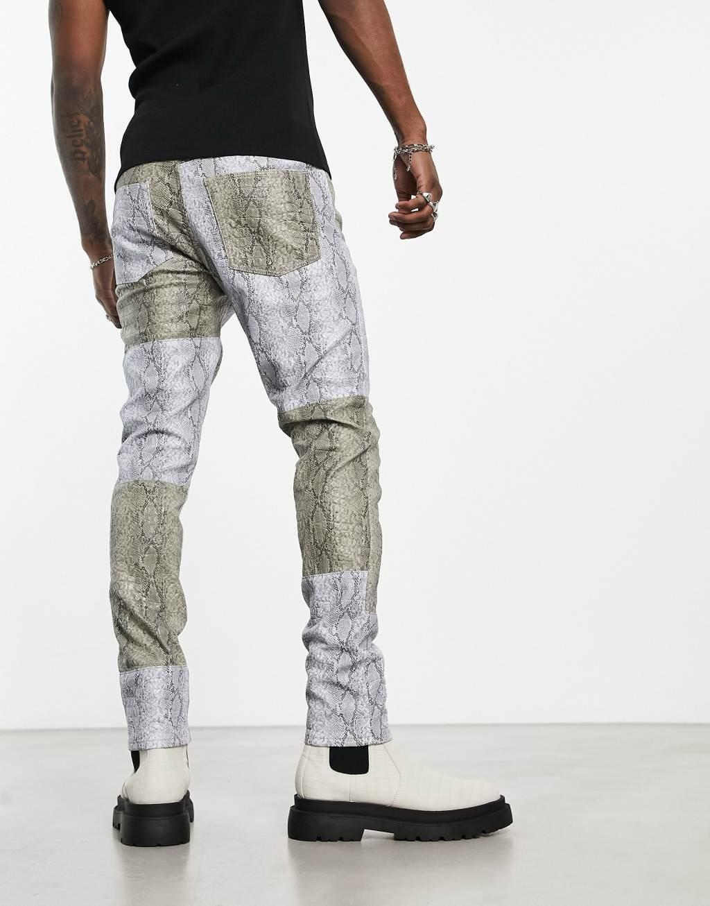 ASOS DESIGN skinny jeans in gray snake print croc leather look with contrast panels Product Image