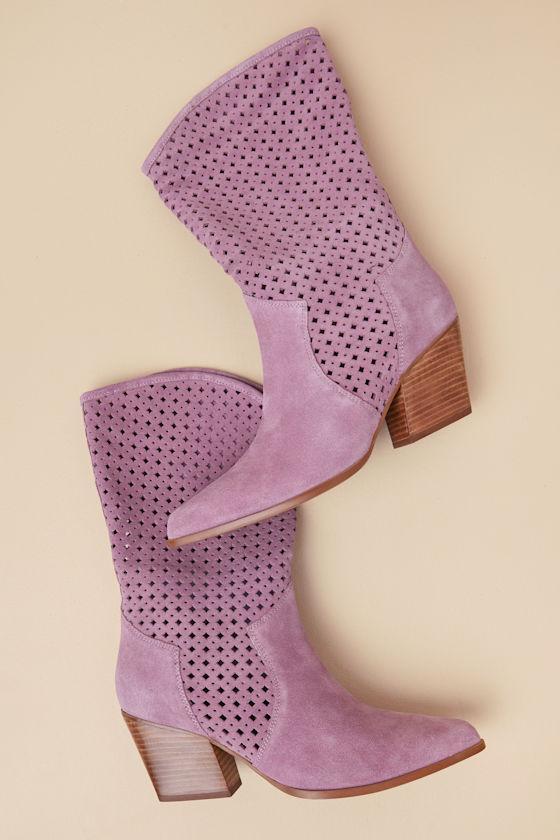 Diva Lavender Suede Leather Perforated Mid-Calf Boots Product Image