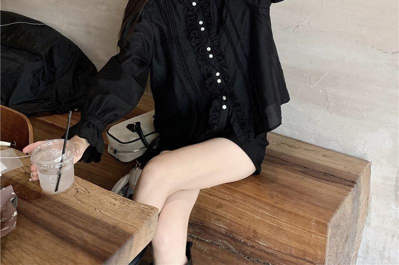 Puff-Sleeve Plain Lace Trim Blouse / Bow Embroidered Mini Jumper Dress Product Image