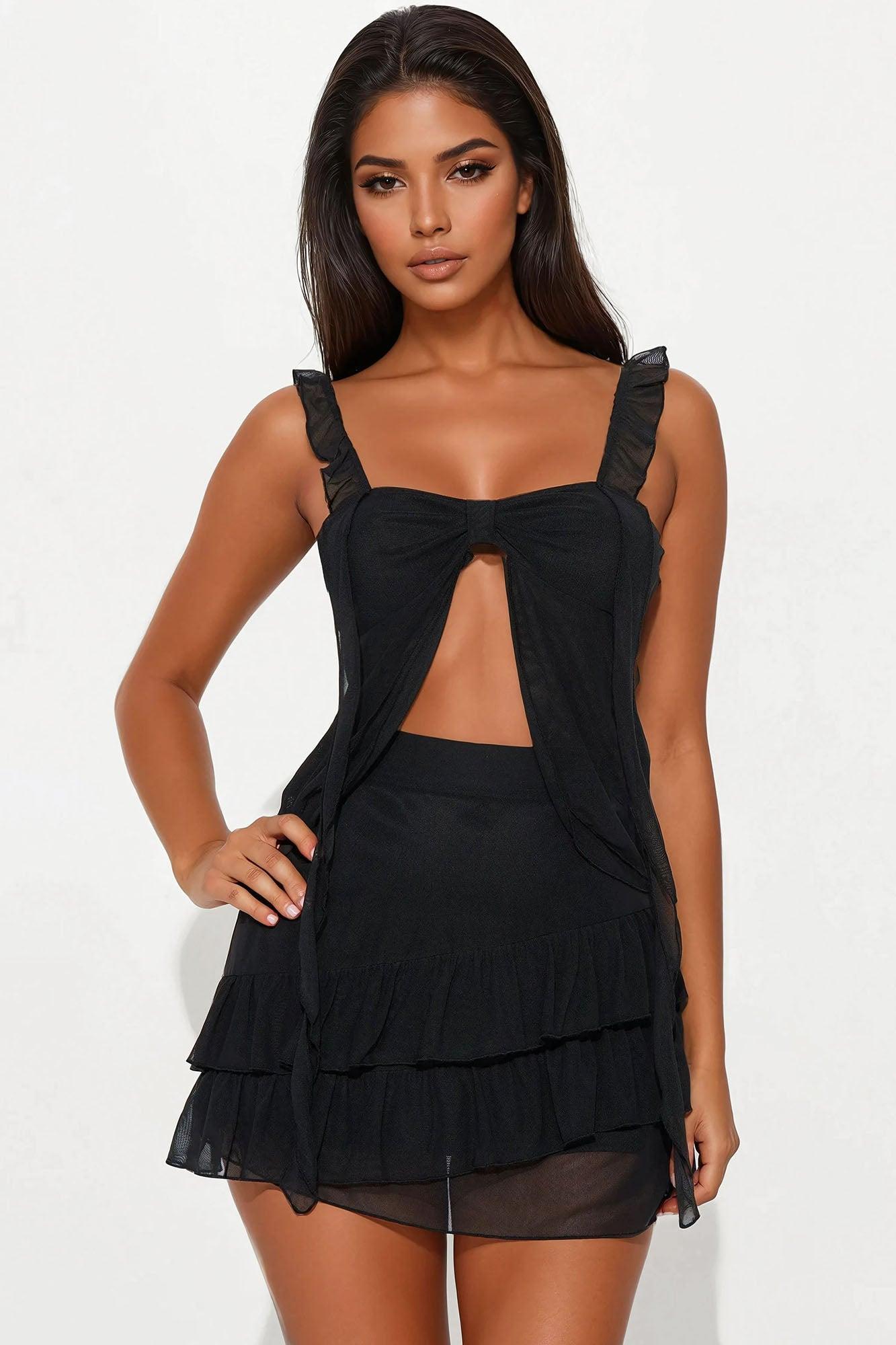 Emma Ruffle Mesh Mini Skirt Set - Black Product Image