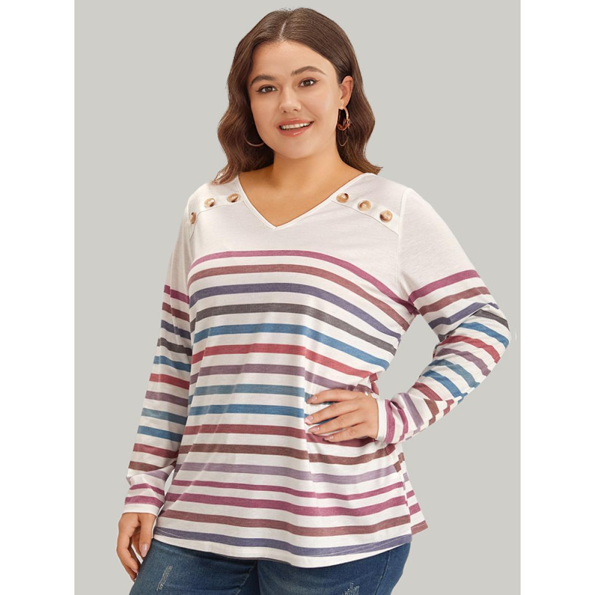 Plus Size Striped V Neck Button Detail Raglan Sleeve T-shirt White Women Casual Button Striped V-neck Dailywear T-shirts BloomChic 14-16/1X Product Image