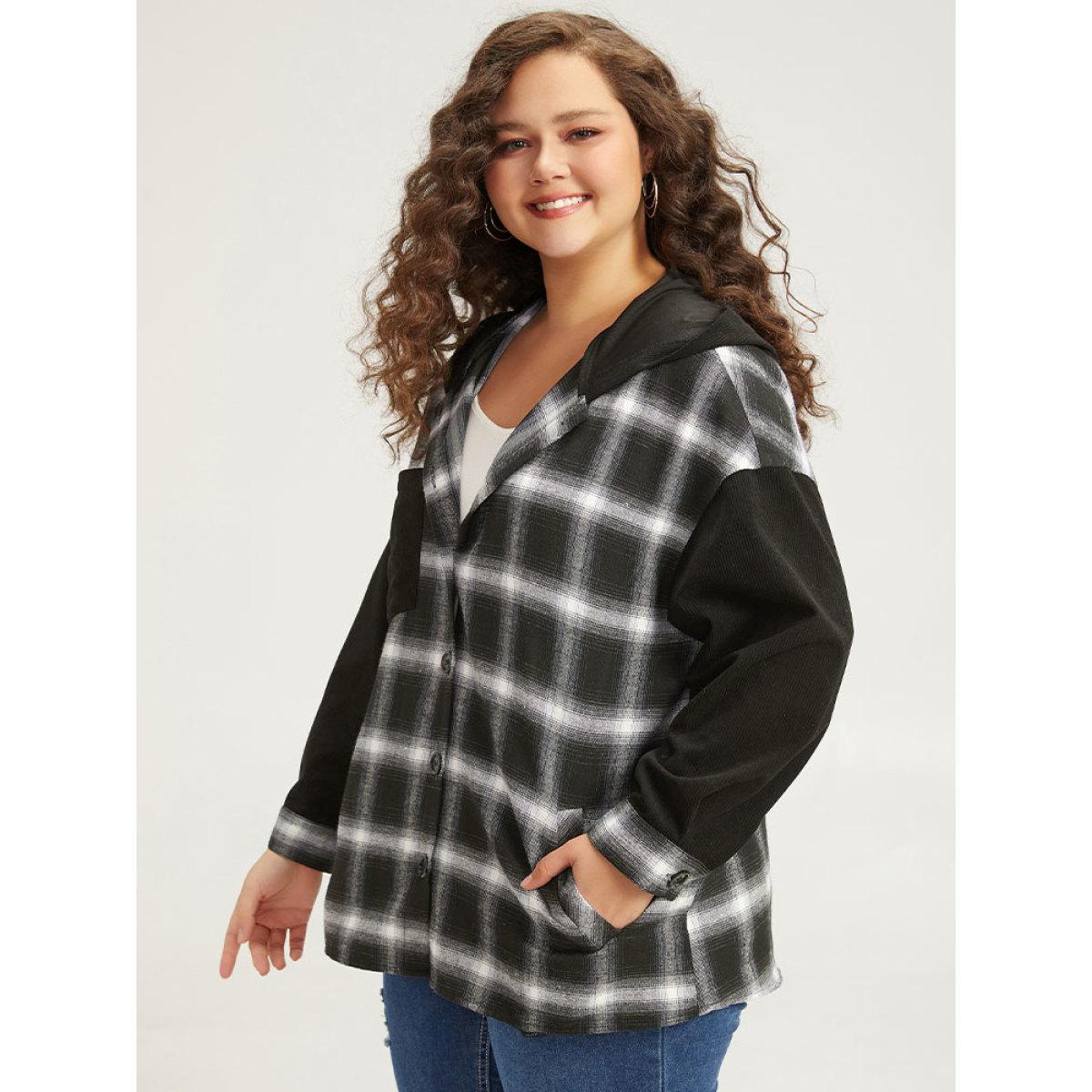 Plus Size Plaid Hooded Patched Pocket Button Up Patchwork Coat Women Black Contrast Pocket Dailywear Jackets BloomChic 14-16/1X Product Image