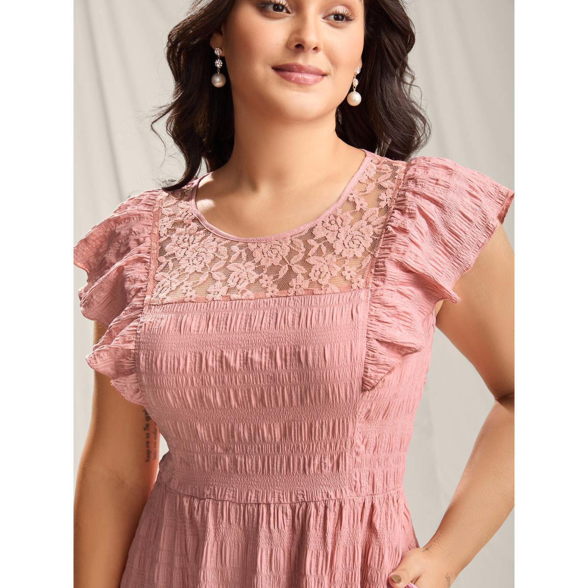 Plus Size Mesh Lace Neck Tiered Maxi Dress Salmon Women Round Neck Sleeveless Curvy BloomChic 12/L Product Image