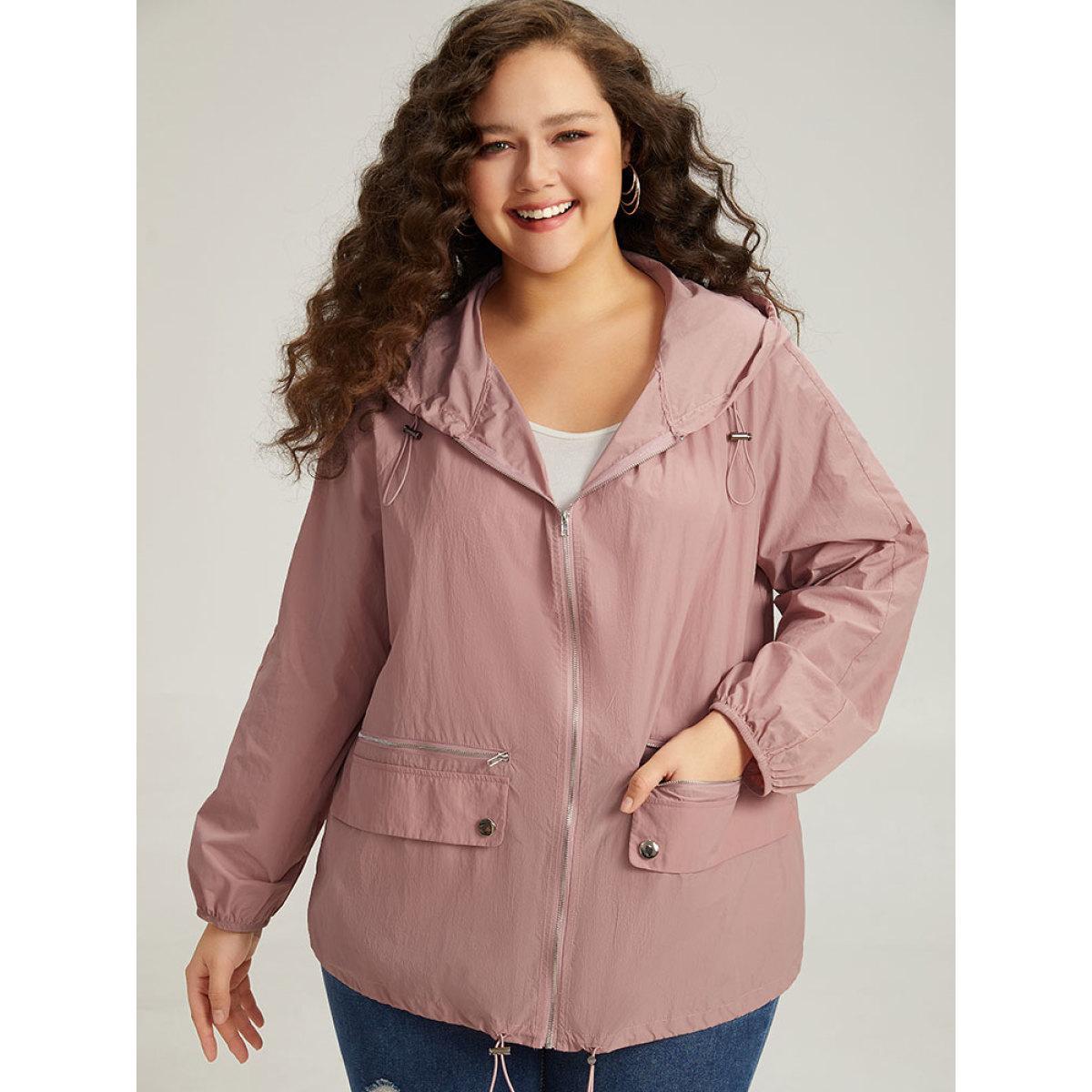 Plus Size Plain Hooded Pocket Zipper Fly Drawstring Jacket Women Rouge Plain Pocket Dailywear Jackets BloomChic 30/6X Product Image