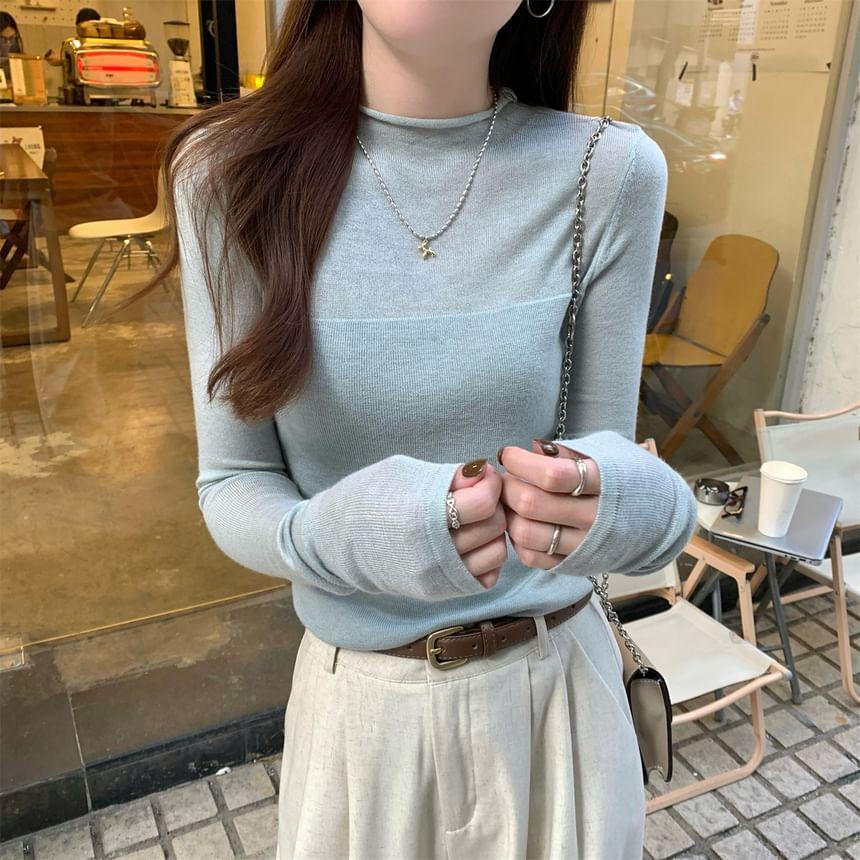 Long Sleeve Mock Neck Plain Knit Top Product Image
