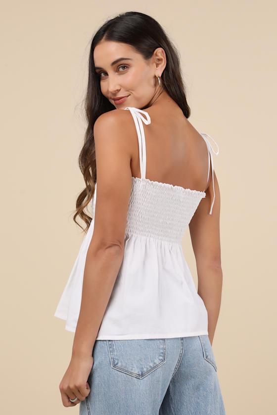 Zerah White Cotton Poplin Smocked Tie-Strap Peplum Top Product Image