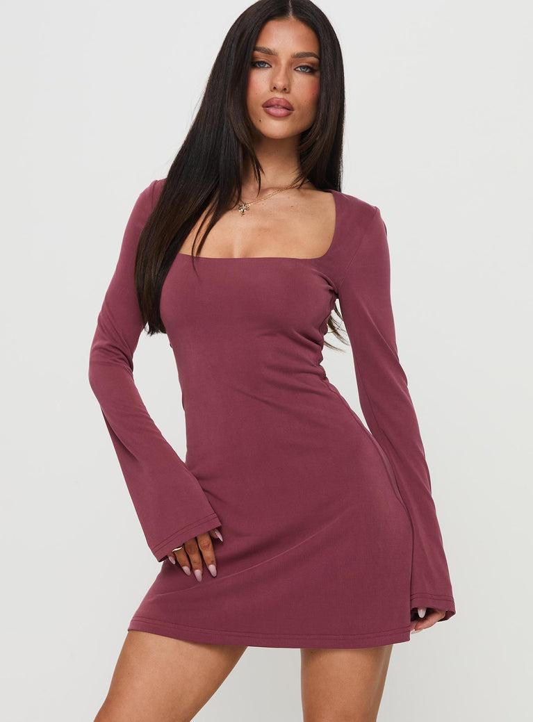 Back In Time Long Sleeve Mini Dress Burgundy Product Image