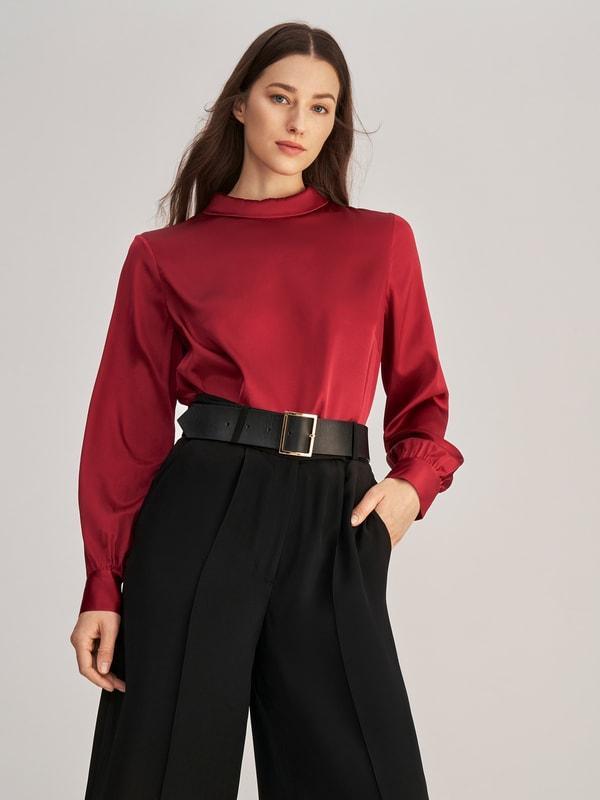Stand Collar Long Sleeves  Silk Blouse Product Image