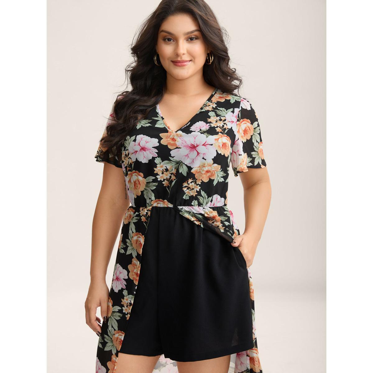 Plus Size Black Floral Layered Open-Front Romper Women Short sleeve V-neck Everyday-Elegant Loose Jumpsuits BloomChic 14-16/1X Product Image
