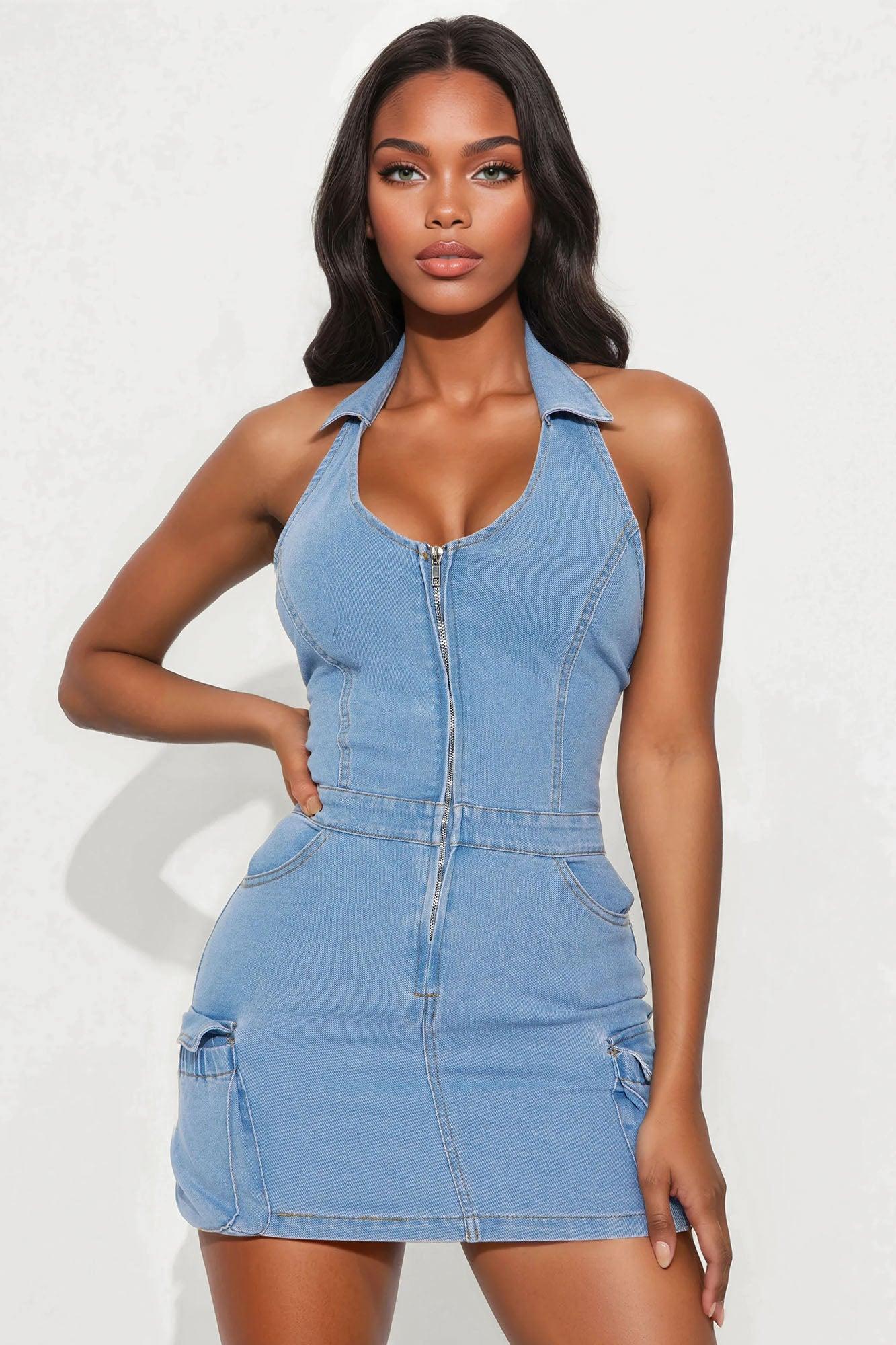 Anika Cargo Denim Mini Dress - Light Wash Product Image