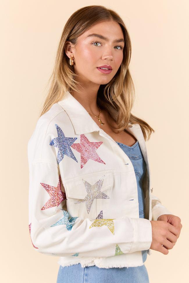 Shine Bright White Embellished Star Denim Jacket FINAL SALE Product Image