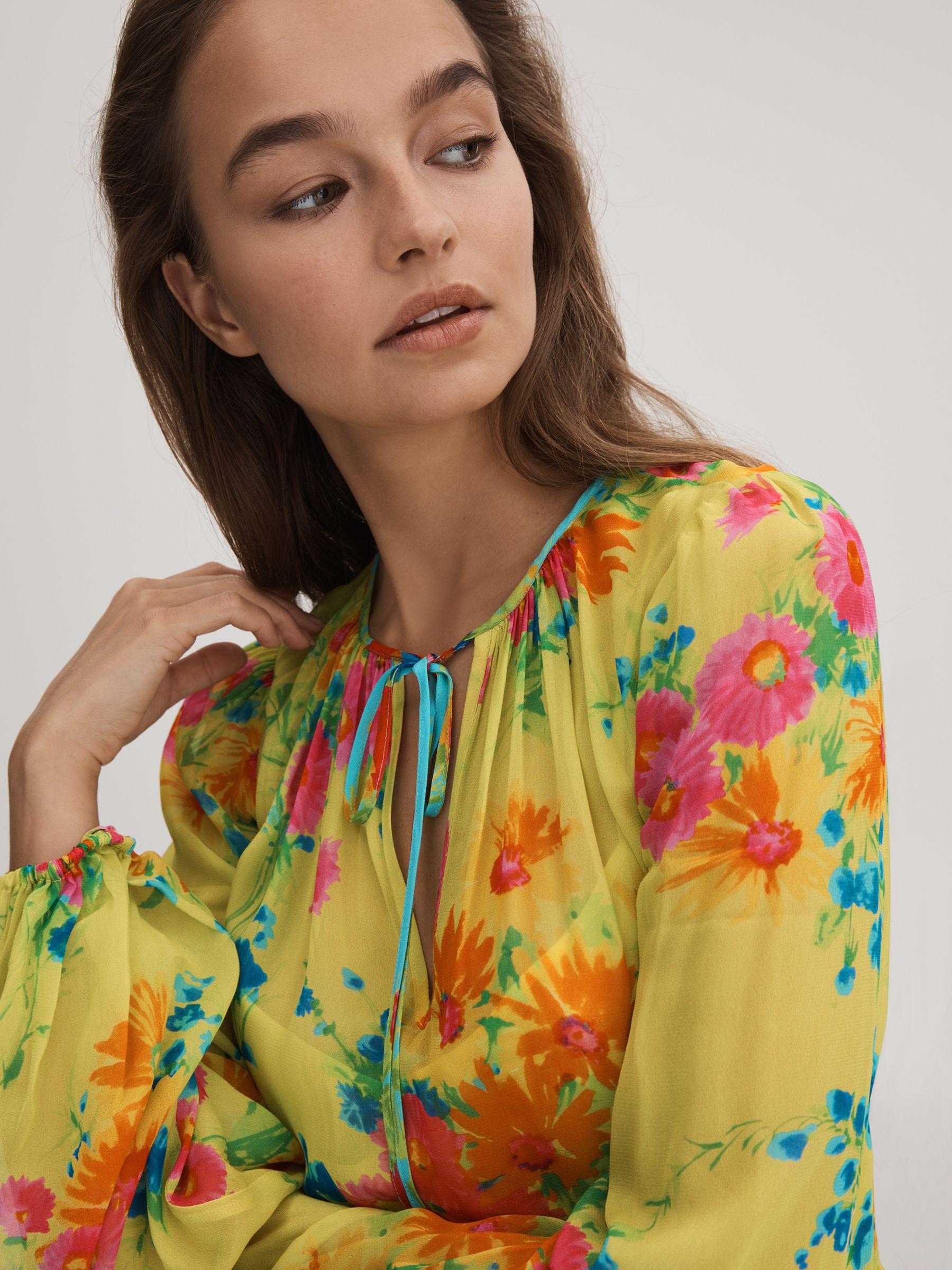 Florere Printed Tie Neck Blouse in Lime Product Image