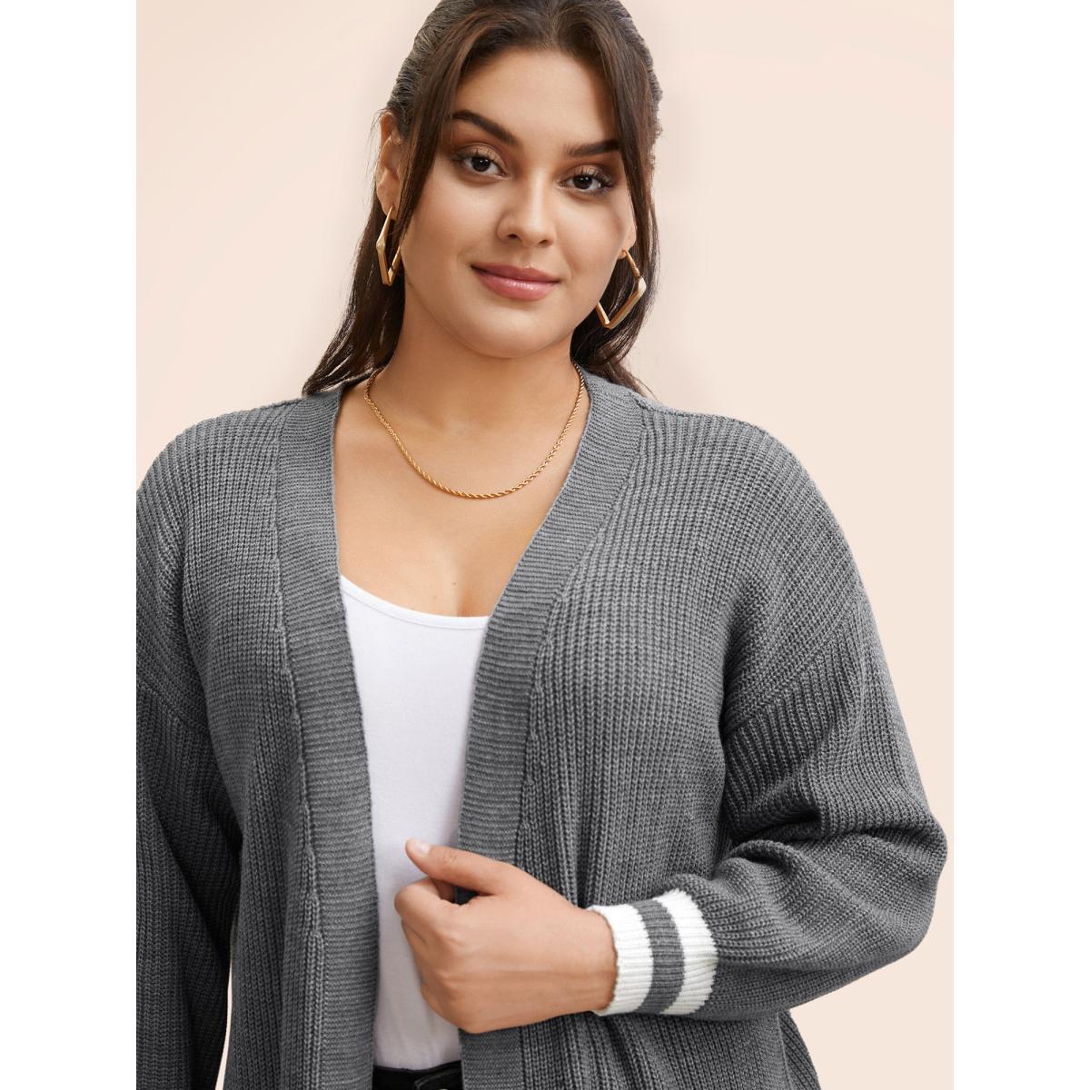Plus Size Texture Striped Patchwork Patched Pocket Cardigan DarkGray Women Casual Loose Long Sleeve Everyday Cardigans BloomChic 10/M Product Image