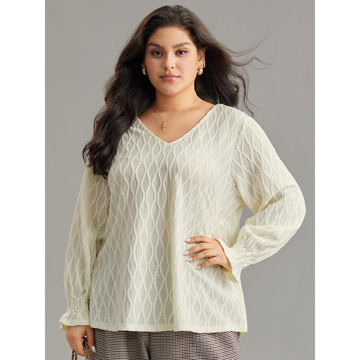 Plus Size Beige V Neck Solid Textured Shirred Blouse Women Office Long Sleeve V-neck Work Blouses BloomChic 12/L Product Image