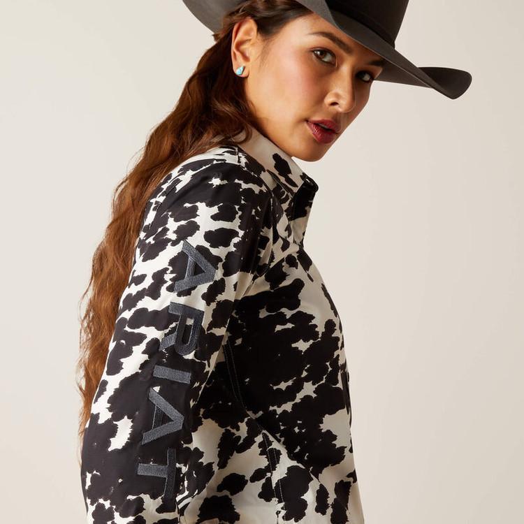 SALE Ariat® Ladies' L/S Wrinkle Resist Team Kirby Stretch Cow Print Button Shirt Product Image