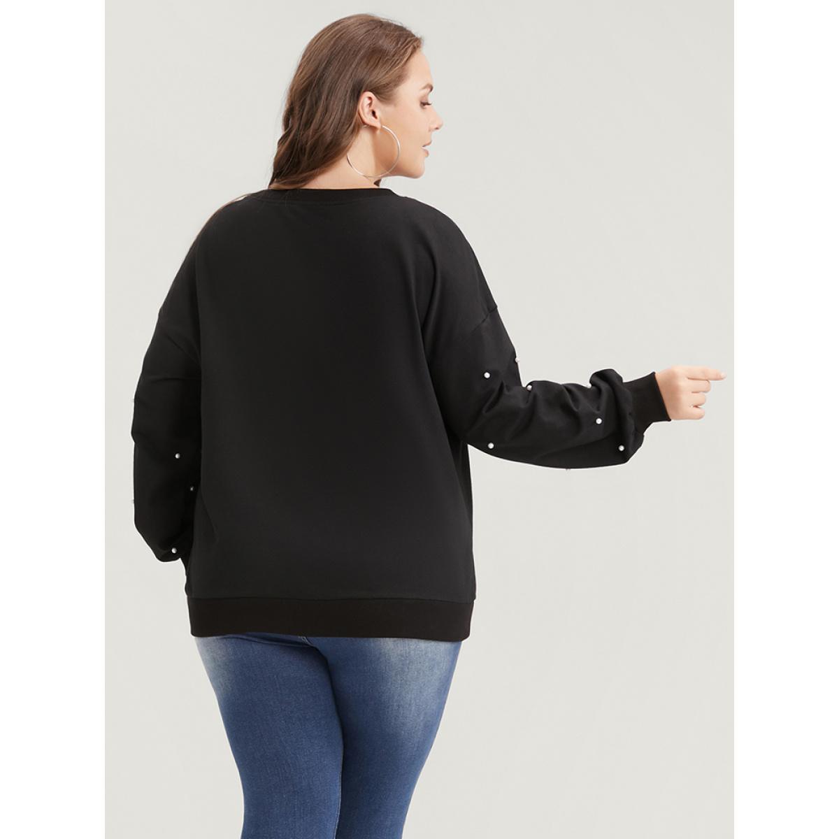 Plus Size Solid Pearl Beaded Drop Shoulder Sweatshirt Women Black Party Beaded Round Neck Going out Sweatshirts BloomChic 22-24/3X Product Image