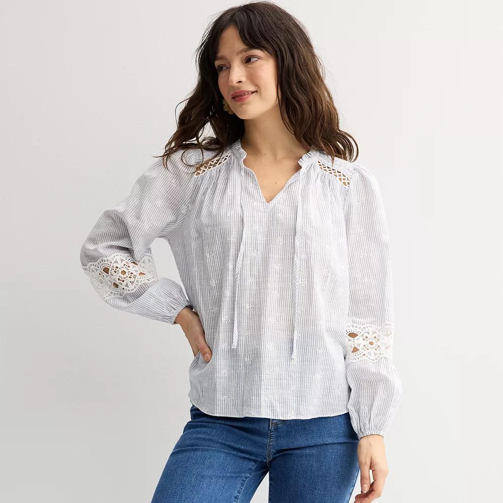 Women's Farmers Market Smocked Shoulder Blouse, Size: XL, Blue White Product Image