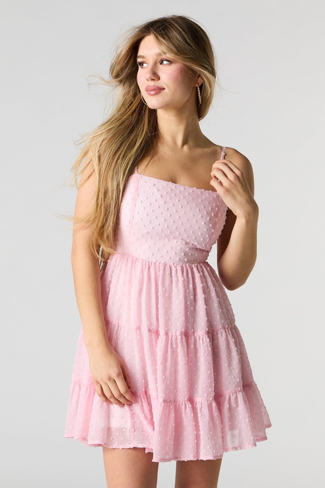 Swiss Dot Tiered Mini Dress with Built-In Cups Female Product Image