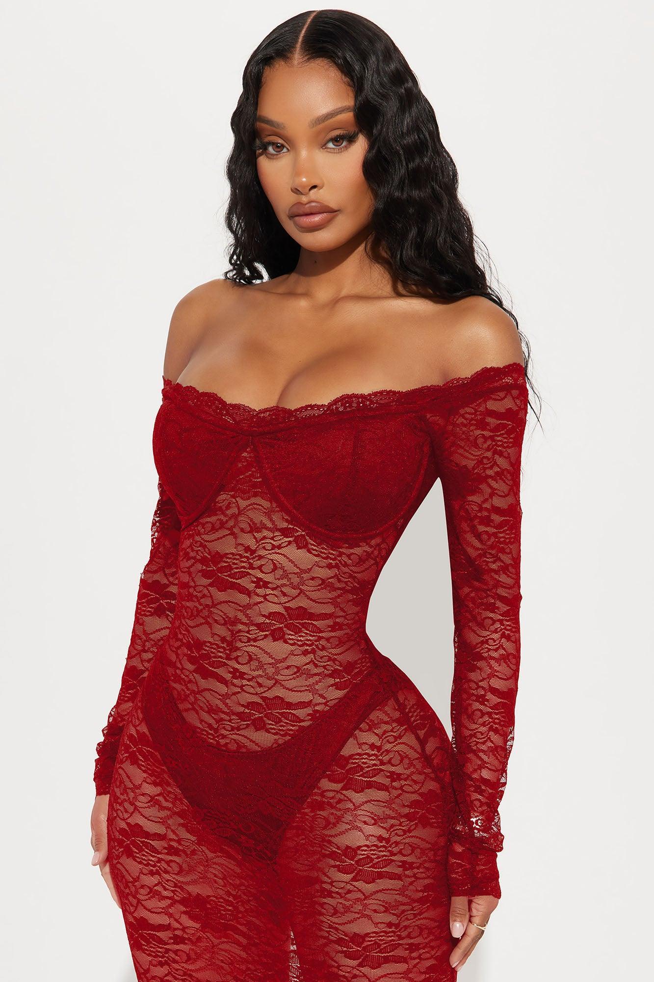 Serena Sheer Lace Maxi Dress - Wine Product Image