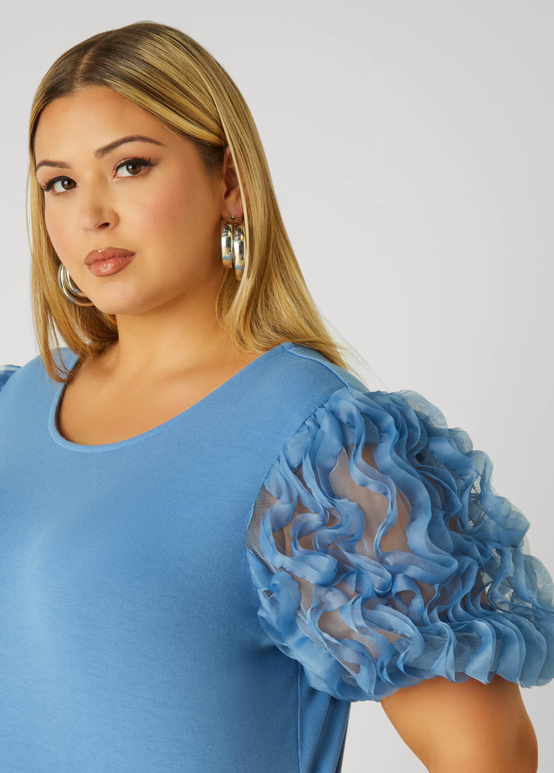 Ruffled Mesh Paneled Top Product Image
