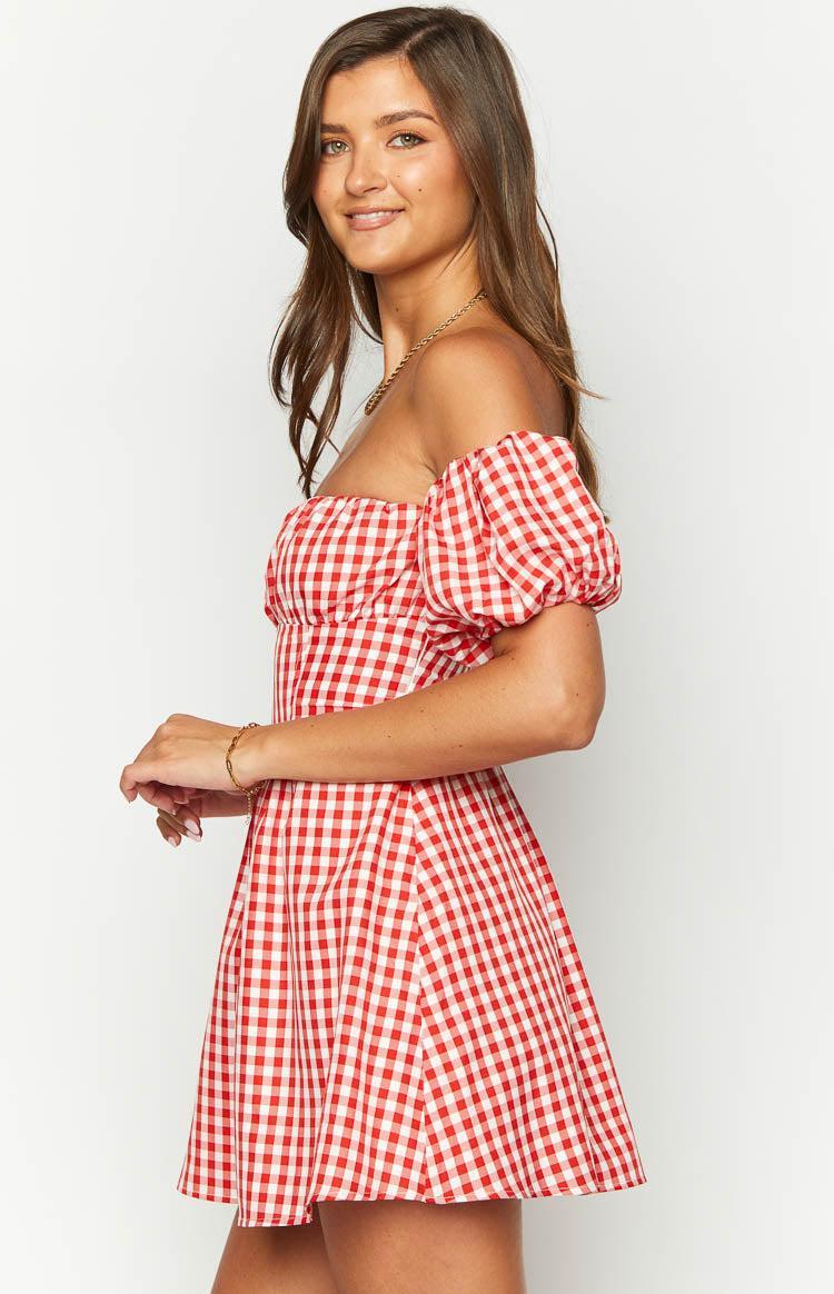 Love Lost Off The Shoulder Red Gingham Mini Dress Product Image