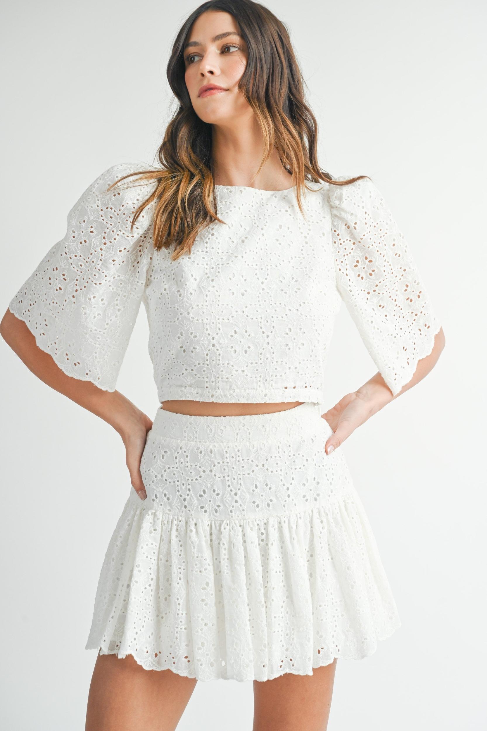 Eyelet Lace Puff Sleeve Crop Top & Skirt Set Product Image