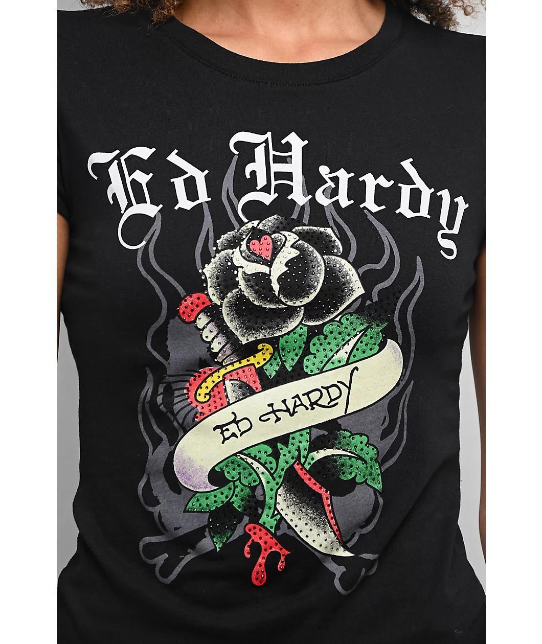Ed Hardy Rose Rhinestone Cap Sleeve Black T-Shirt Product Image