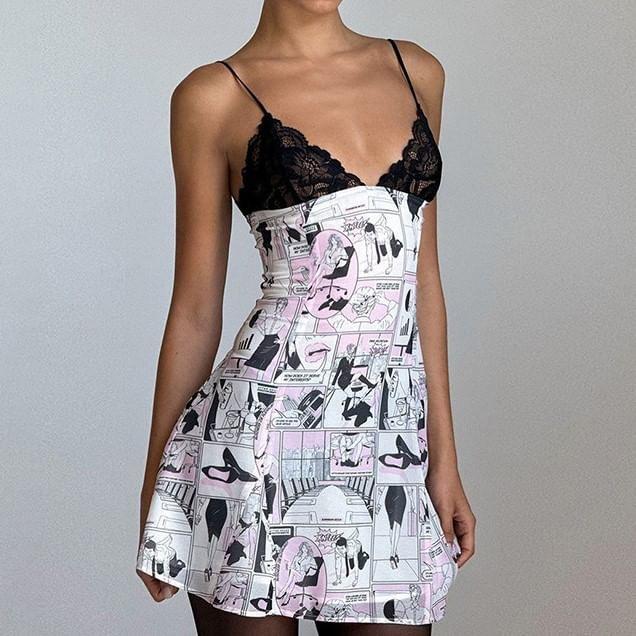 Spaghetti Strap Lace Panel Printed Mini A-Line Dress Product Image