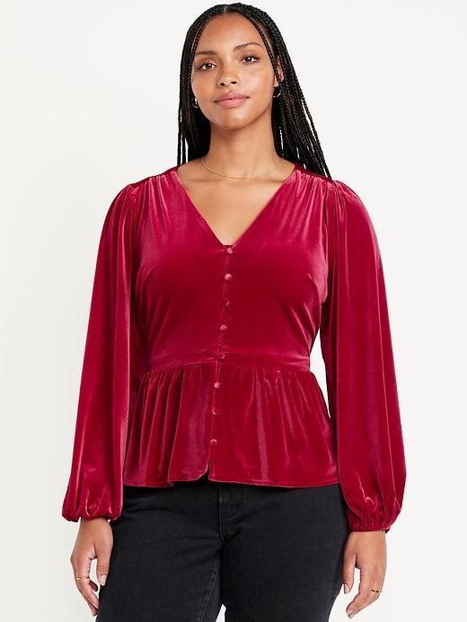 Waist-Defined Velvet Peplum Top Product Image
